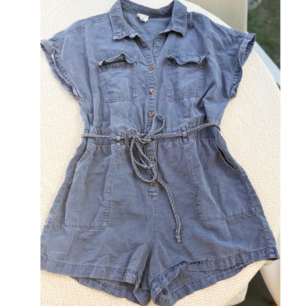 Nicole Miller New York Blue Linen Blend Button Front Romper XL Braided Utility